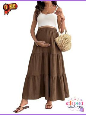 Maternity Ruffle Hem Flowy Tiered A-Line Maxi Skirt Stretch
